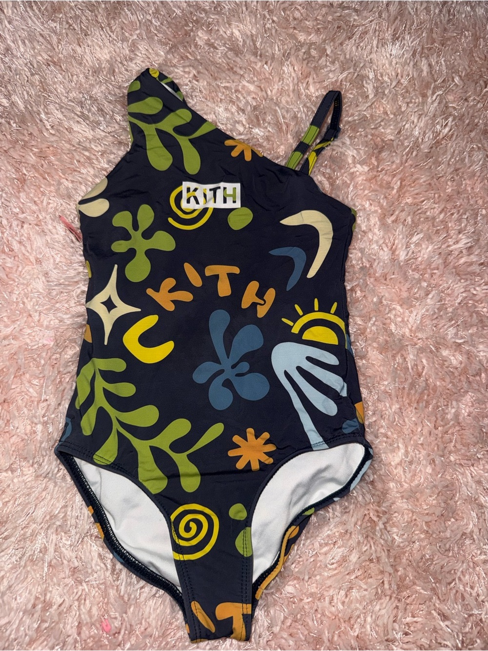 Kith Navy One-Shoulder Swimsuit with Multicolor Abstract Print